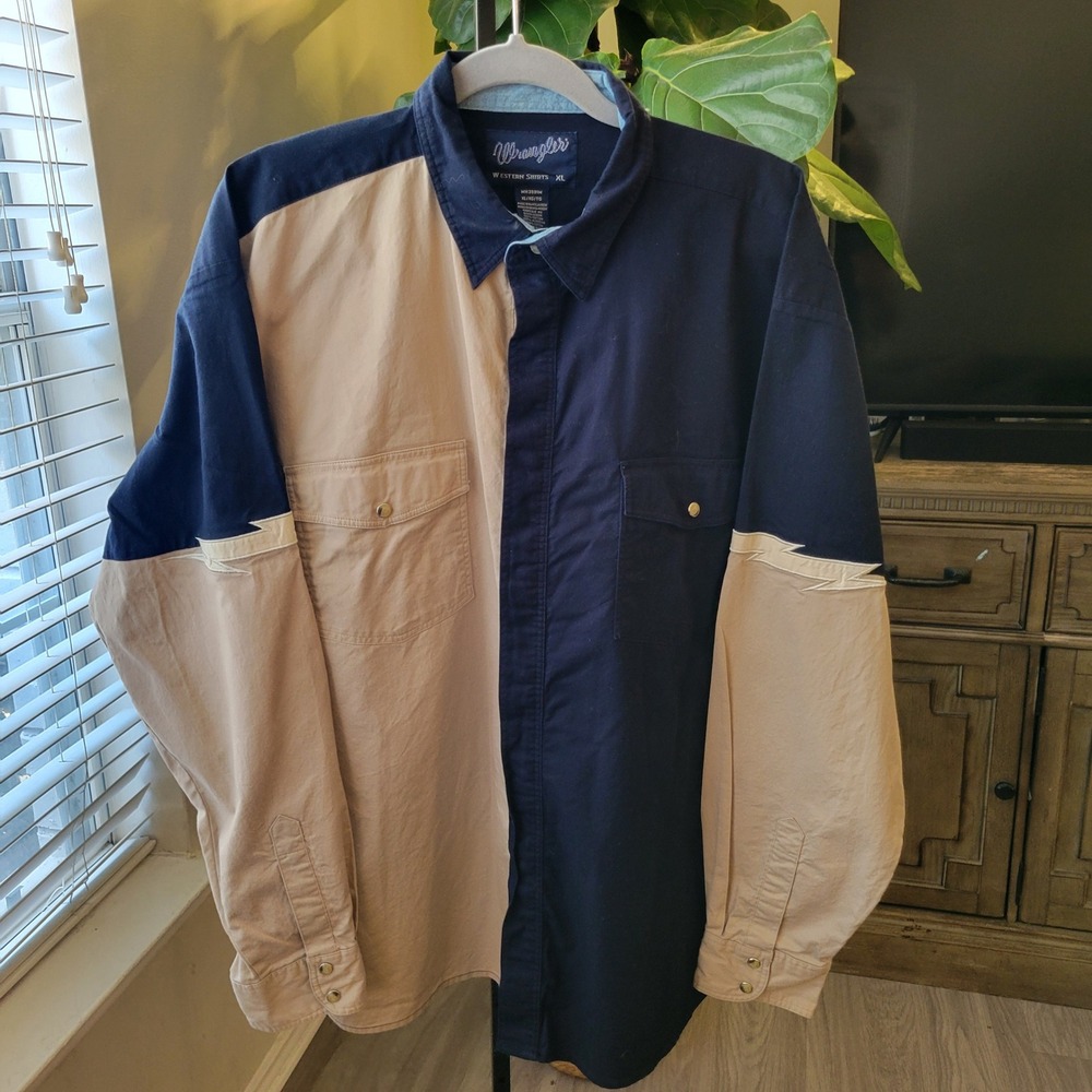 Wrangler Mens Western Shirt XL Navy Tan Colorblock Pearl Snap Front Cotton